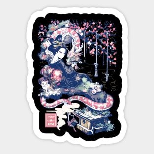 Japanese Girl With Dragon and Cats T-Shirt 04 Sticker